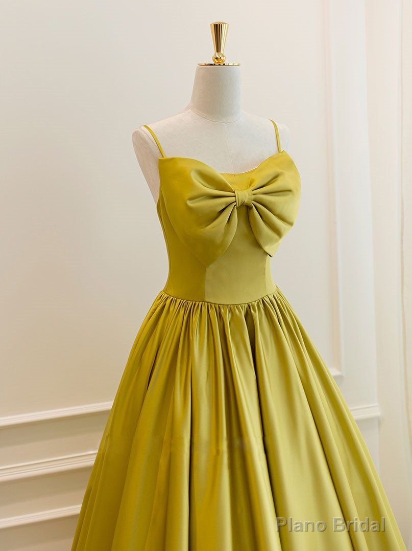 Simple Yellow Satin Tea Length Prom Dress, Yellow Homecoming Dress