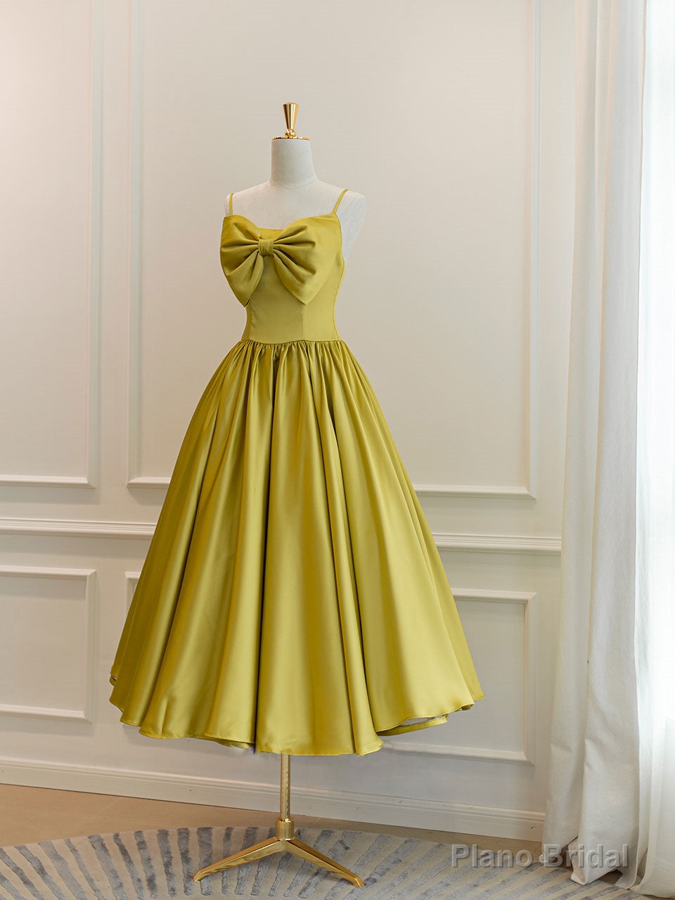 Simple Yellow Satin Tea Length Prom Dress, Yellow Homecoming Dress Secondary image