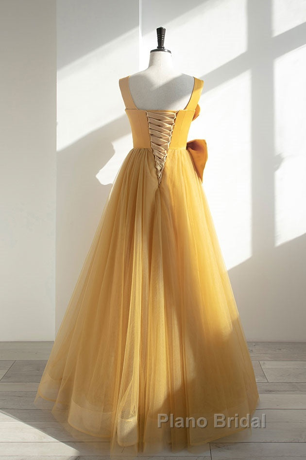 Simple Yellow Tulle Long Formal Prom Dresses, Yellow Tulle Formal Dresses