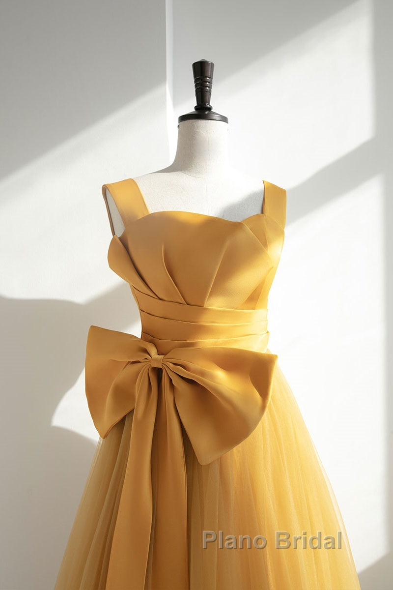 Simple Yellow Tulle Long Formal Prom Dresses, Yellow Tulle Formal Dresses