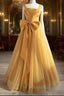 Simple Yellow Tulle Long Formal Prom Dresses, Yellow Tulle Formal Dresses