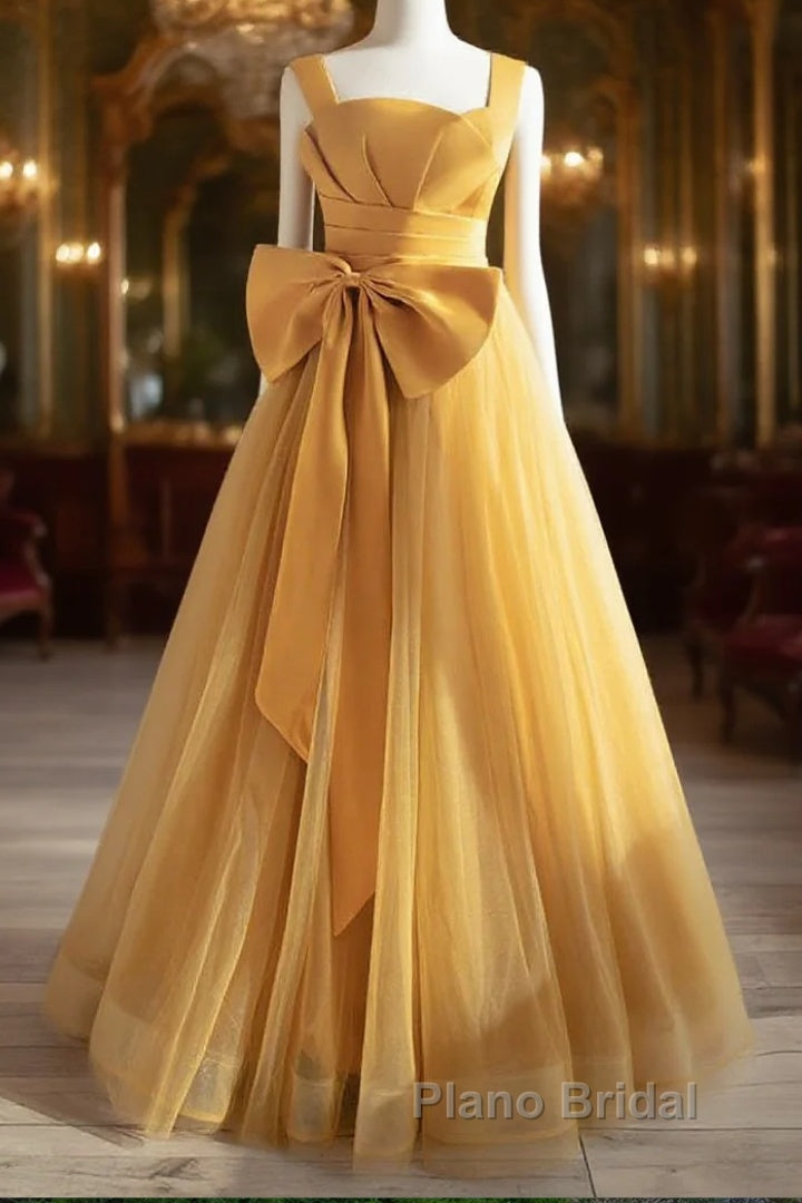 Simple Yellow Tulle Long Formal Prom Dresses, Yellow Tulle Formal Dresses Main image