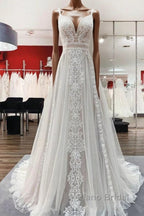 Simply Long A-line Tulle Lace Open Back Wedding Dresses