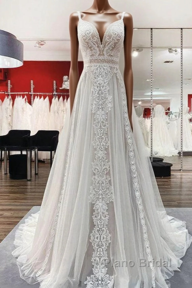 Simply Long A-line Tulle Lace Open Back Wedding Dresses Main image