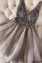Luxurious Sequins Beaded V Neck Tulle Short V Back Gray Prom Dress, Homecoming Dress