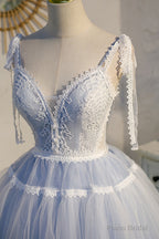 Sky Blue A Line Tulle Lace V Neck Homecoming Dress