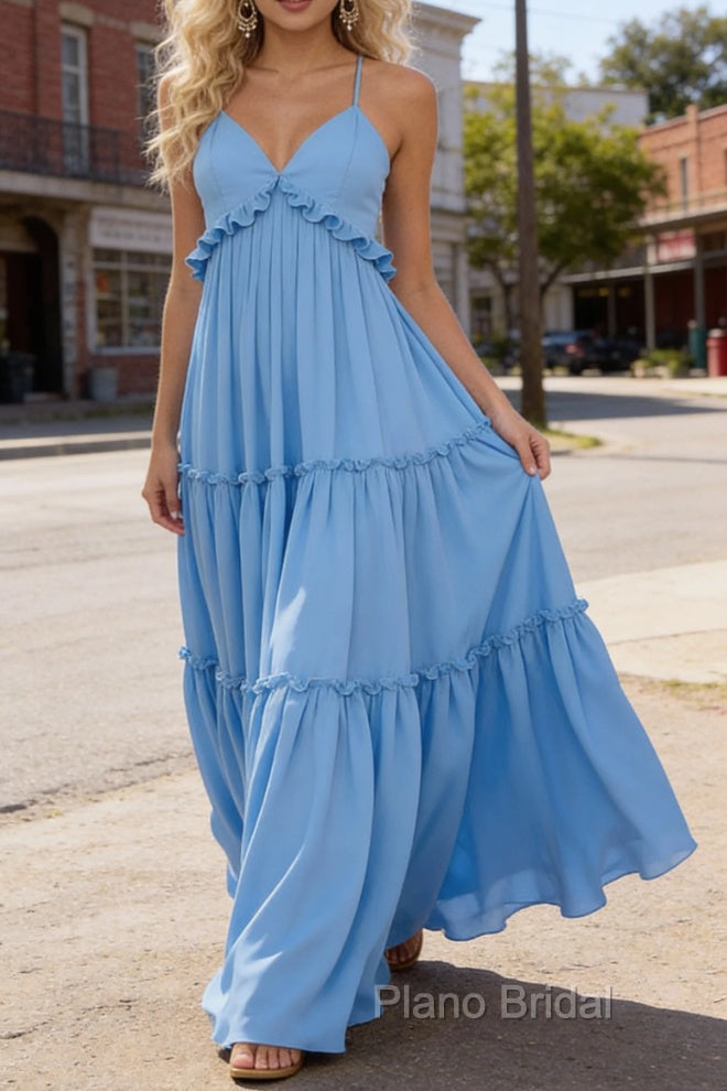 Sky Blue A-line V Neck Sleeveless Floor-Length Chiffon Prom Dress Long Prom Dresses Backless with Pleated Ruffles Secondary image