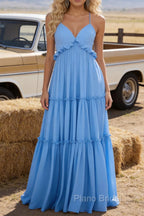 Sky Blue A-line V Neck Sleeveless Floor-Length Chiffon Prom Dress Long Prom Dresses Backless with Pleated Ruffles
