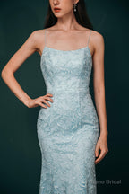 Sky Blue Backless Long Lace Spaghetti Straps Prom Dresses