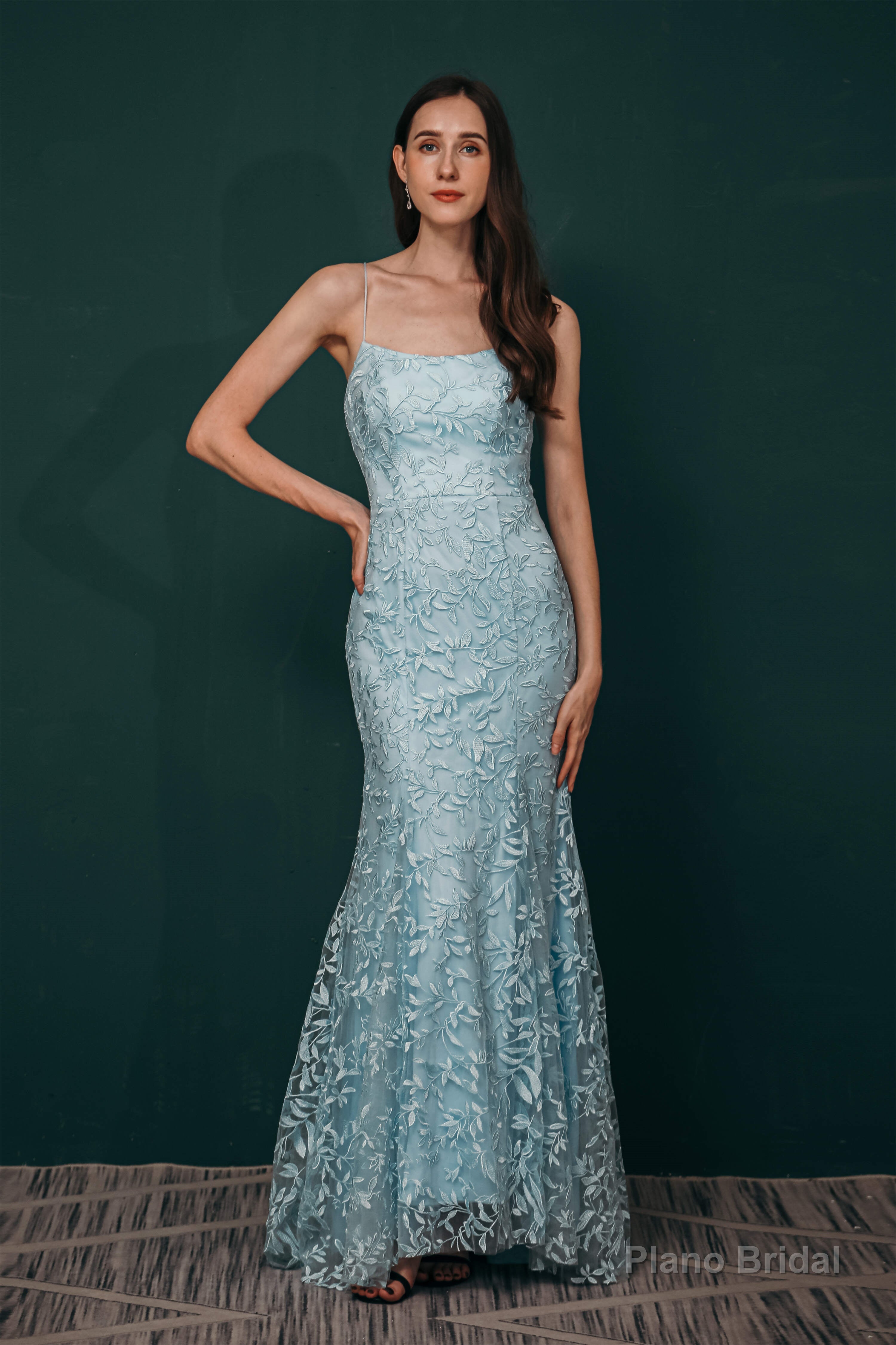 Sky Blue Backless Long Lace Spaghetti Straps Prom Dresses Main image