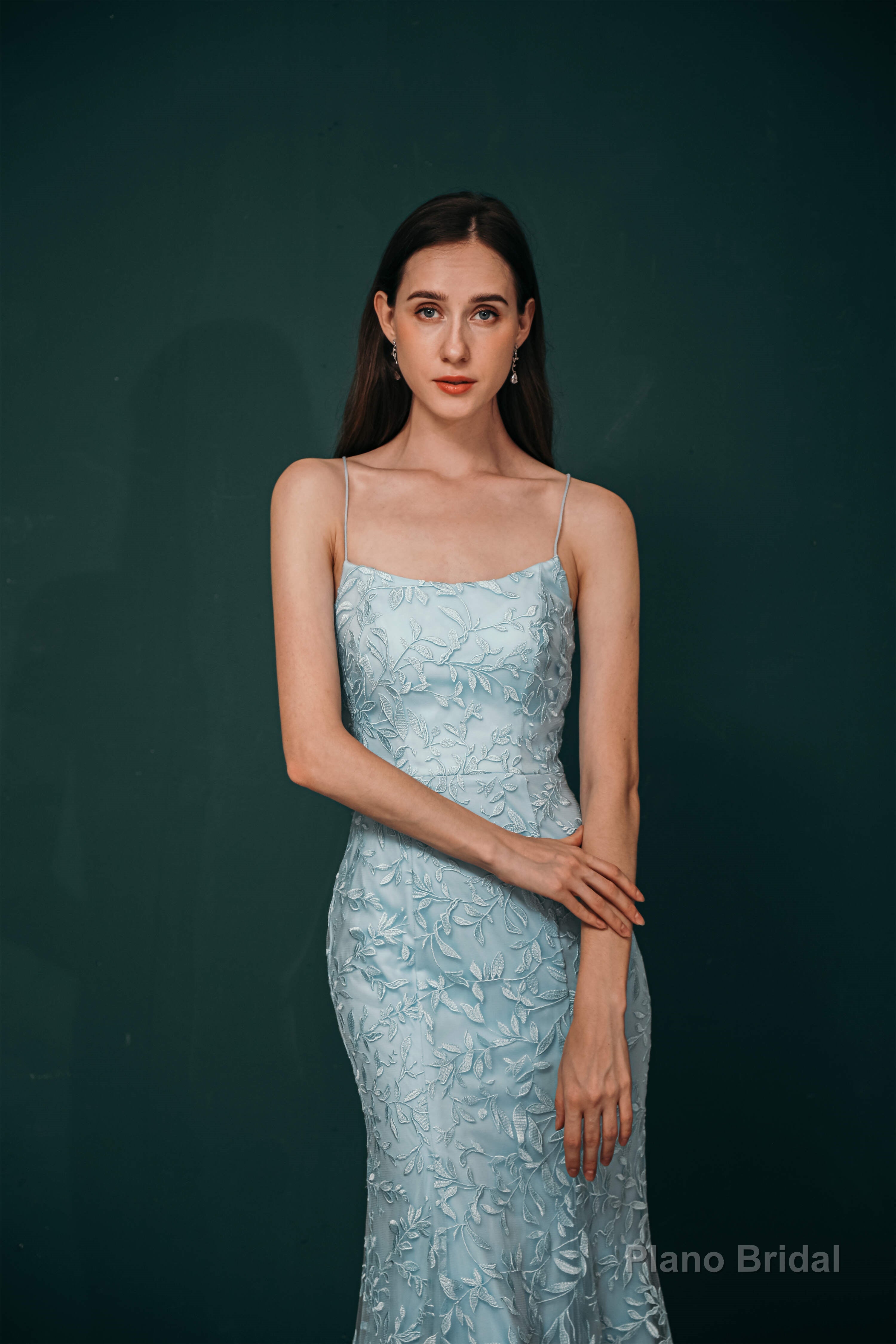 Sky Blue Backless Long Lace Spaghetti Straps Prom Dresses