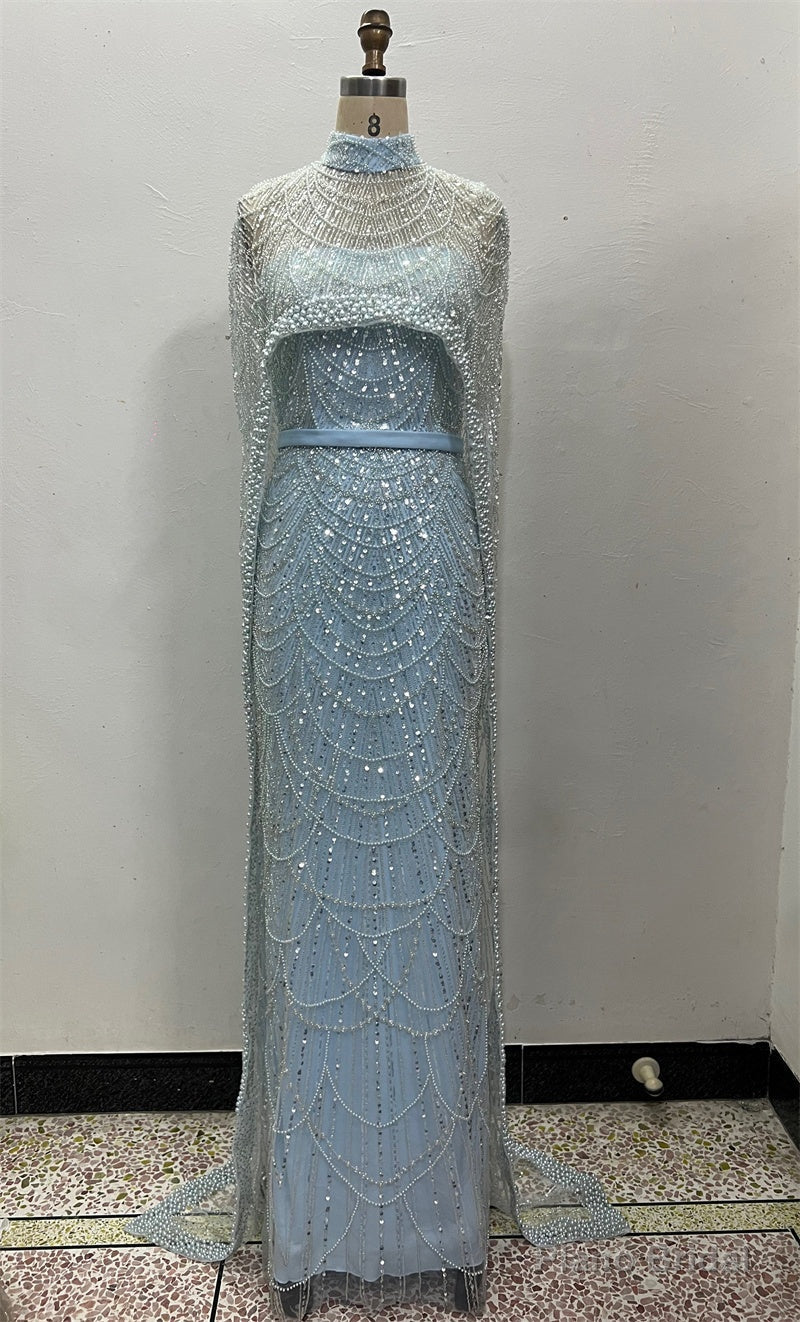 Sky Blue Beading Prom Dresses Sweep Train High Neck Zipper Sleeveless Evening Dresses Main image
