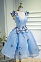 Sky Blue Homecoming Dresses Butterfly Applique Short Formal Prom Dresses