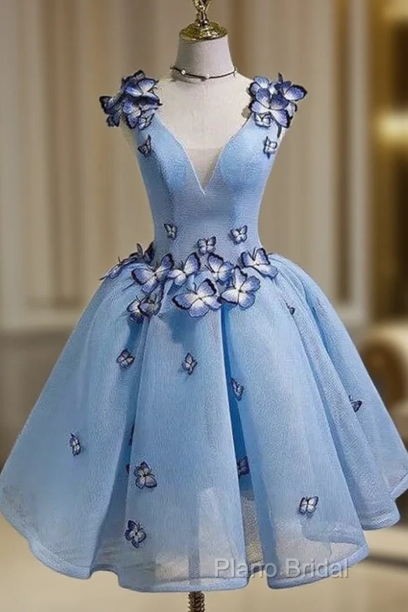 Sky Blue Homecoming Dresses Butterfly Applique Short Formal Prom Dresses