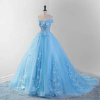 Sky Blue Lace Dress 3D Flowers Quinceanera Dresses with Train
