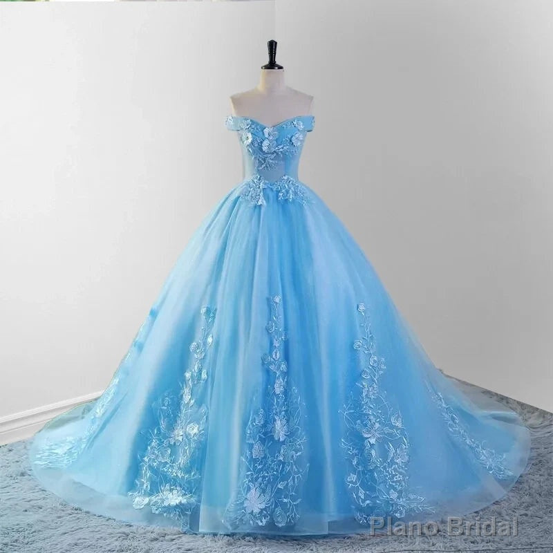 Sky Blue Lace Dress 3D Flowers Quinceanera Dresses with Train Main image