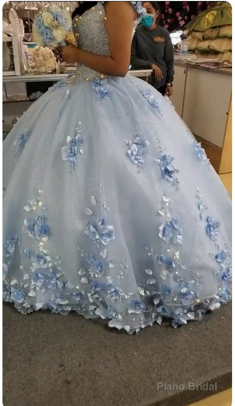 Sky Blue Long Dress 3D Applique Off Shoulder Ball Gown Quinceanera Dresses Secondary image