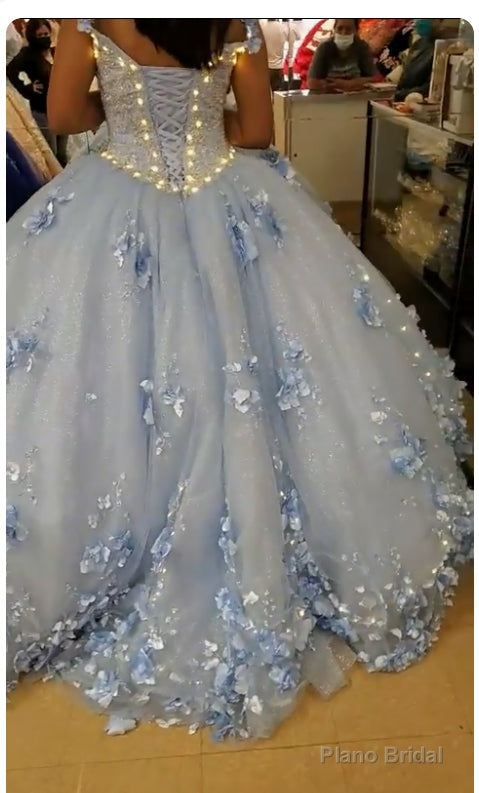Sky Blue Long Dress 3D Applique Off Shoulder Ball Gown Quinceanera Dresses