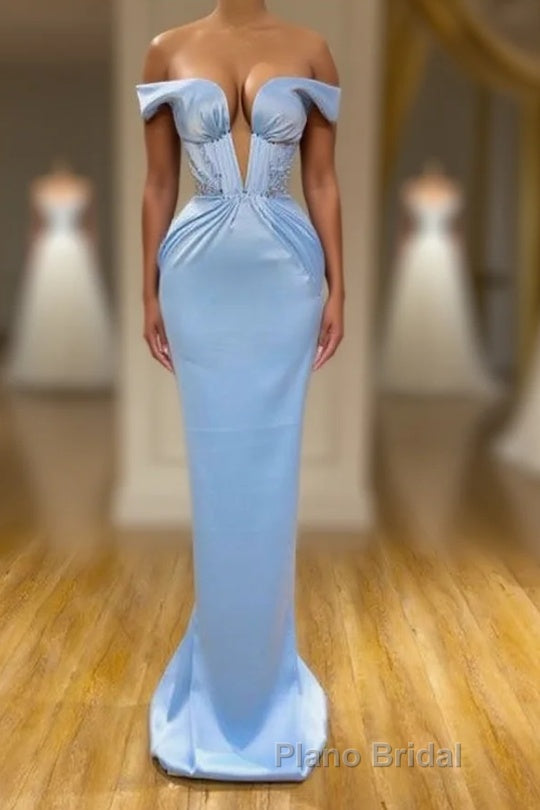Sky Blue Mermaid V-Neck Off-The-Shoulder Formal Prom Dress