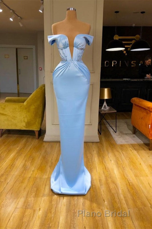 Sky Blue Mermaid V-Neck Off-The-Shoulder Formal Prom Dress