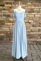Sky Blue Off Shoulder Spaghetti Strap Sweetheart Chiffon Bridesmaid Dresses