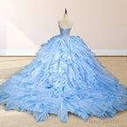 Sky Blue Quinceanera Dress with Pleats and Flowers