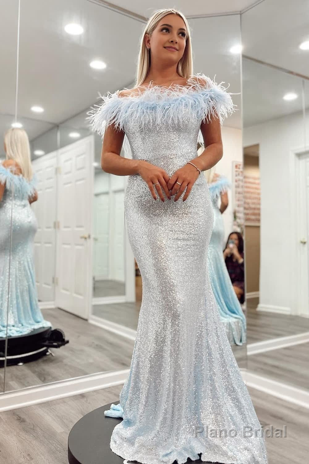 Sky Blue Sequin Mermaid Prom Dress with Feather Main image