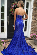 Sky Blue Sequins Strapless Long Prom Dress