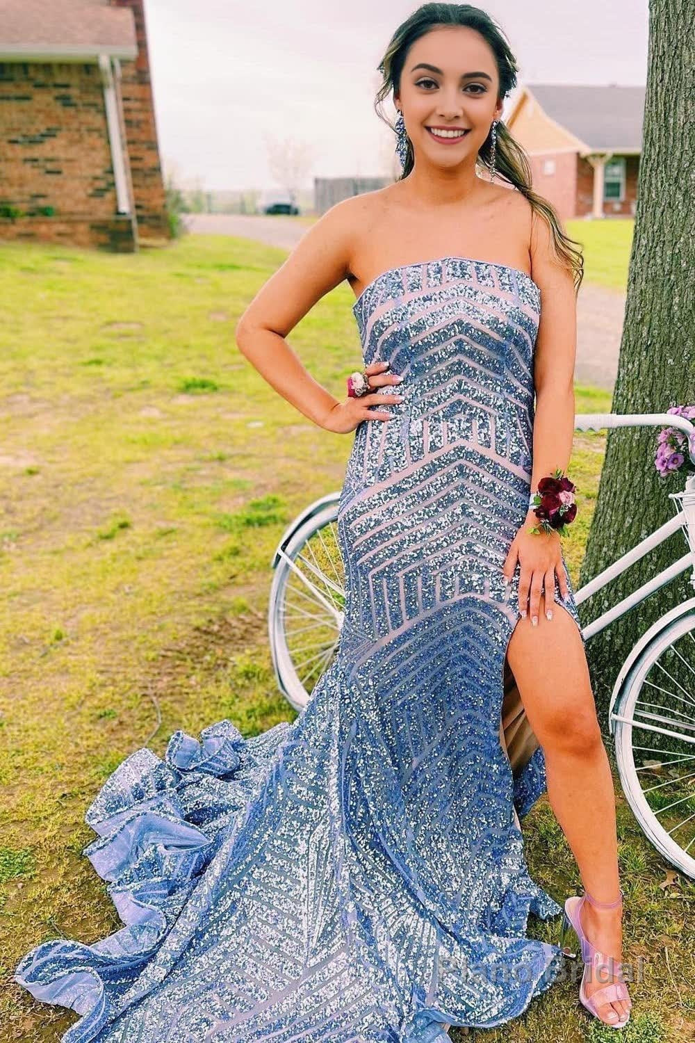 Sky Blue Sequins Strapless Long Prom Dress Main image