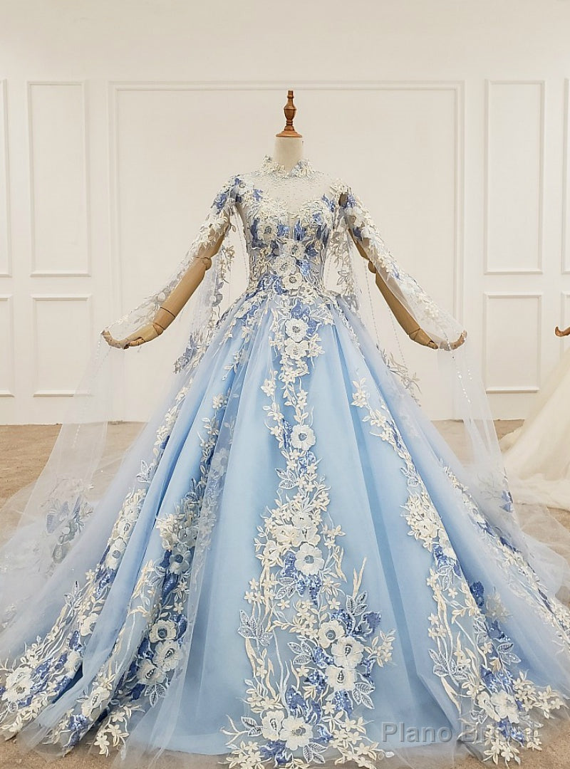 Sky Blue Tulle High Neck Backless Appliques Beading Wedding Dress Main image