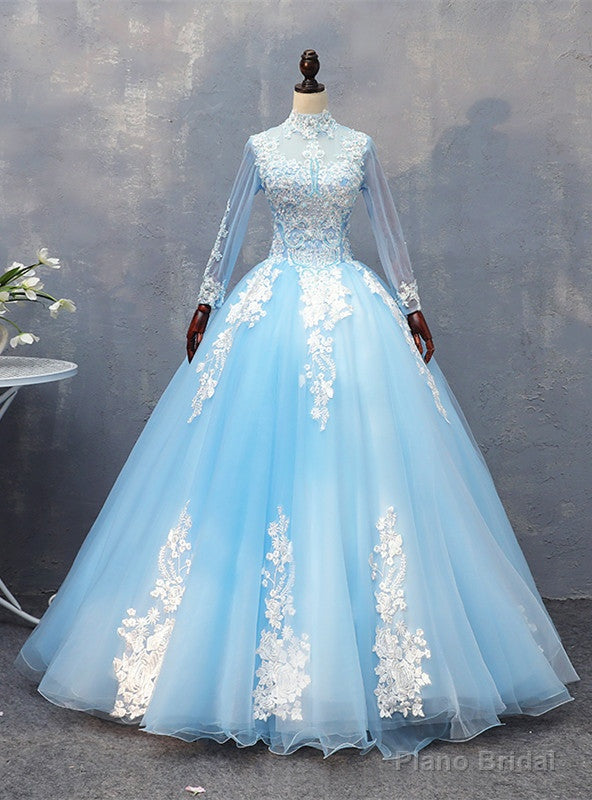 Sky Blue Tulle Long Sleeve Appliques Quinceanera Dress Main image