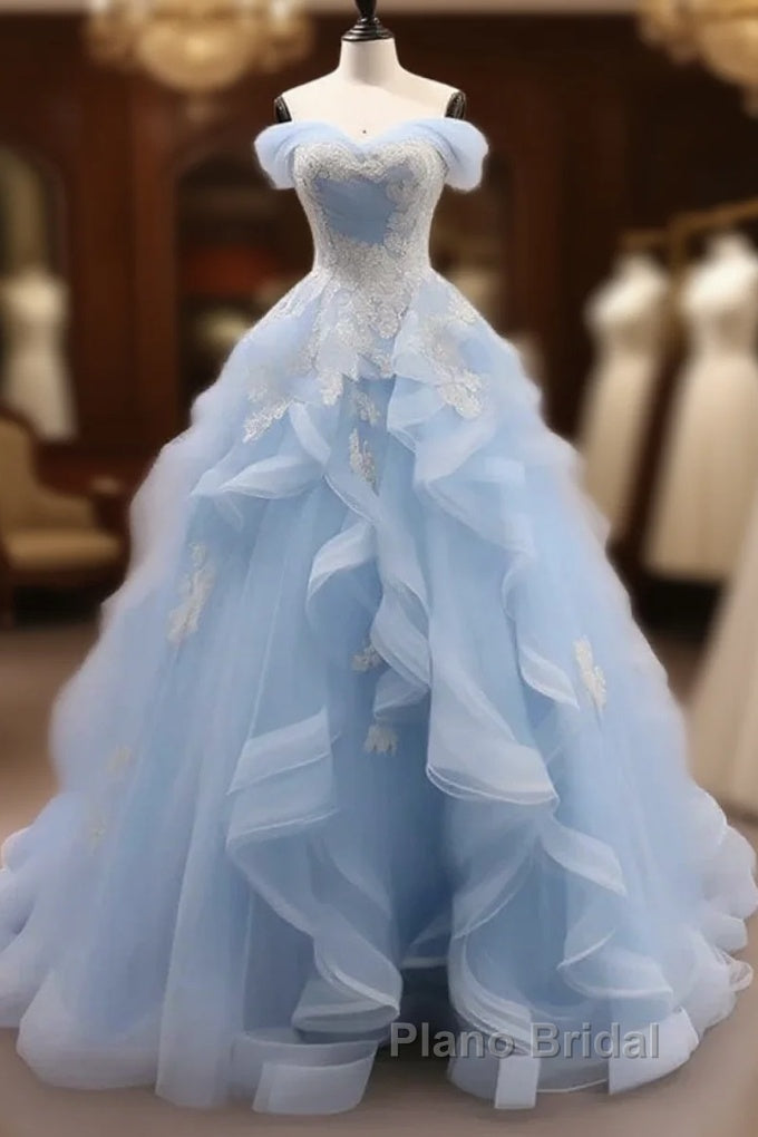 Sky Blue Tulle Ruffles Appliques A Line Formal Prom Dresses Main image