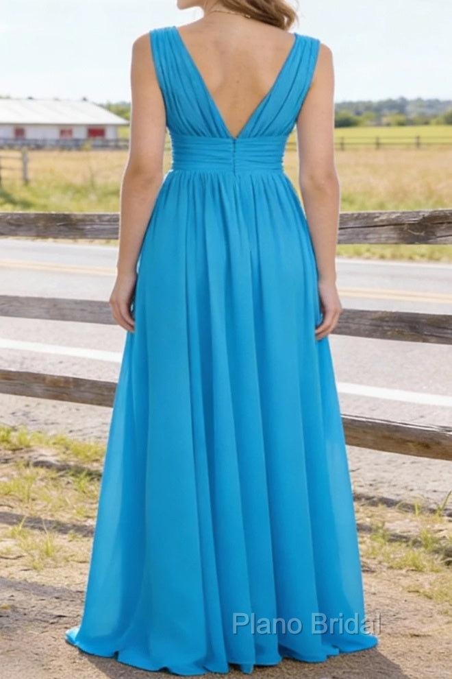 Sky Blue V Neck Chiffon Floor Length Bridesmaid Dresses Long Bridesmaid Dress With Pleated Split Secondary image