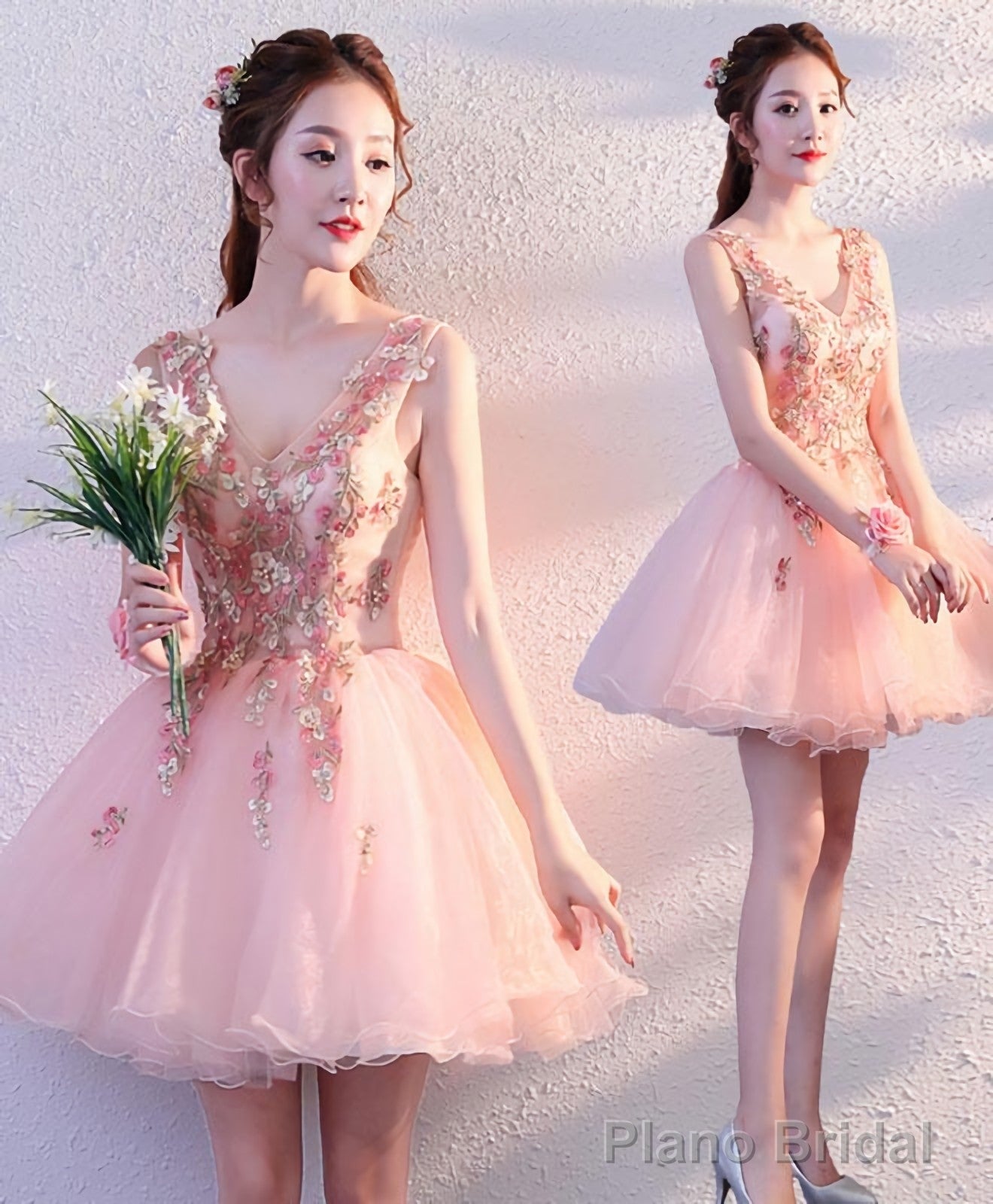 Pink V Neck Tulle Short Prom Dress Homecoming Dress Secondary image