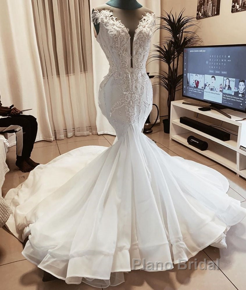 Sleeveless Beads Appliques Mermaid Wedding Dresses Sheer Tulle V neck Tulle Bridal Gowns Secondary image