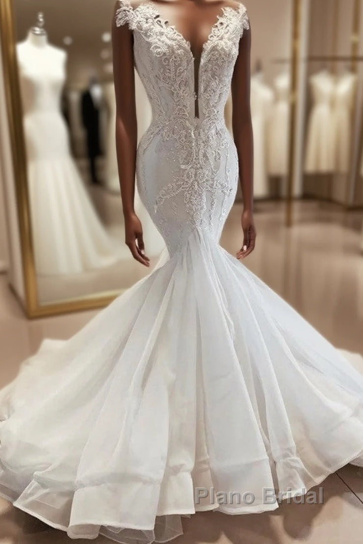Sleeveless Beads Appliques Mermaid Wedding Dresses Sheer Tulle V neck Tulle Bridal Gowns Main image