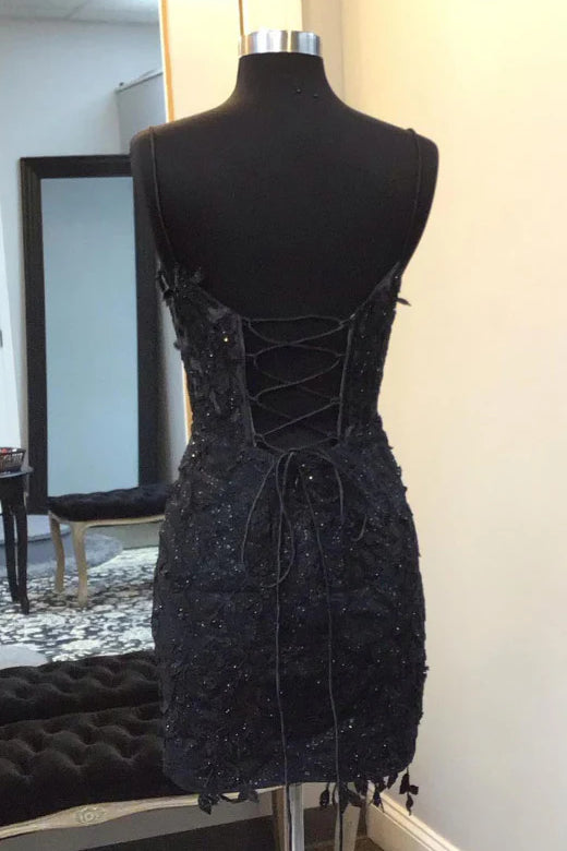 Sleeveless Black Lace Homecoming Dresses Spaghetti Straps