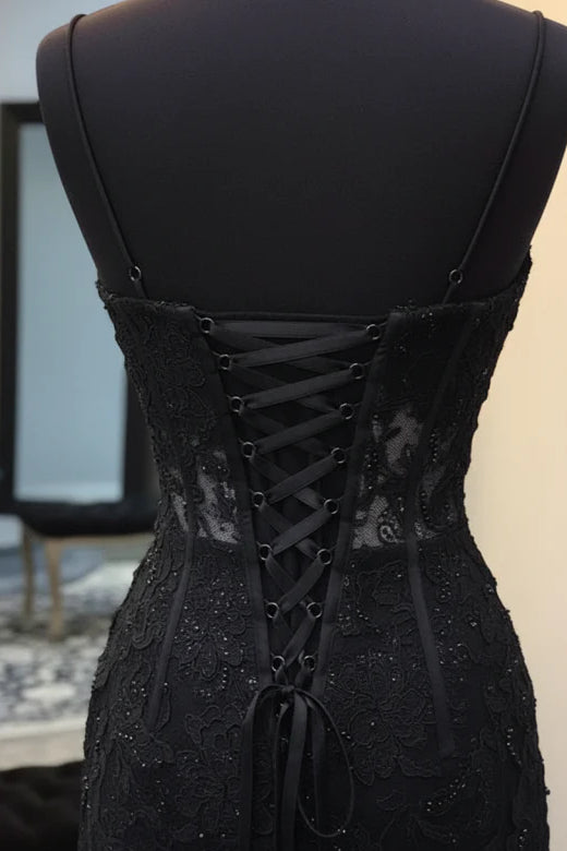 Sleeveless Black Lace Homecoming Dresses Spaghetti Straps