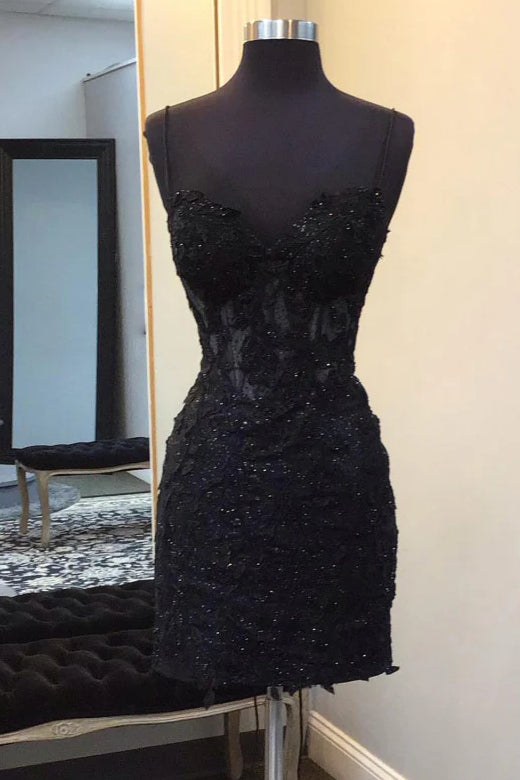 Sleeveless Black Lace Homecoming Dresses Spaghetti Straps Main image