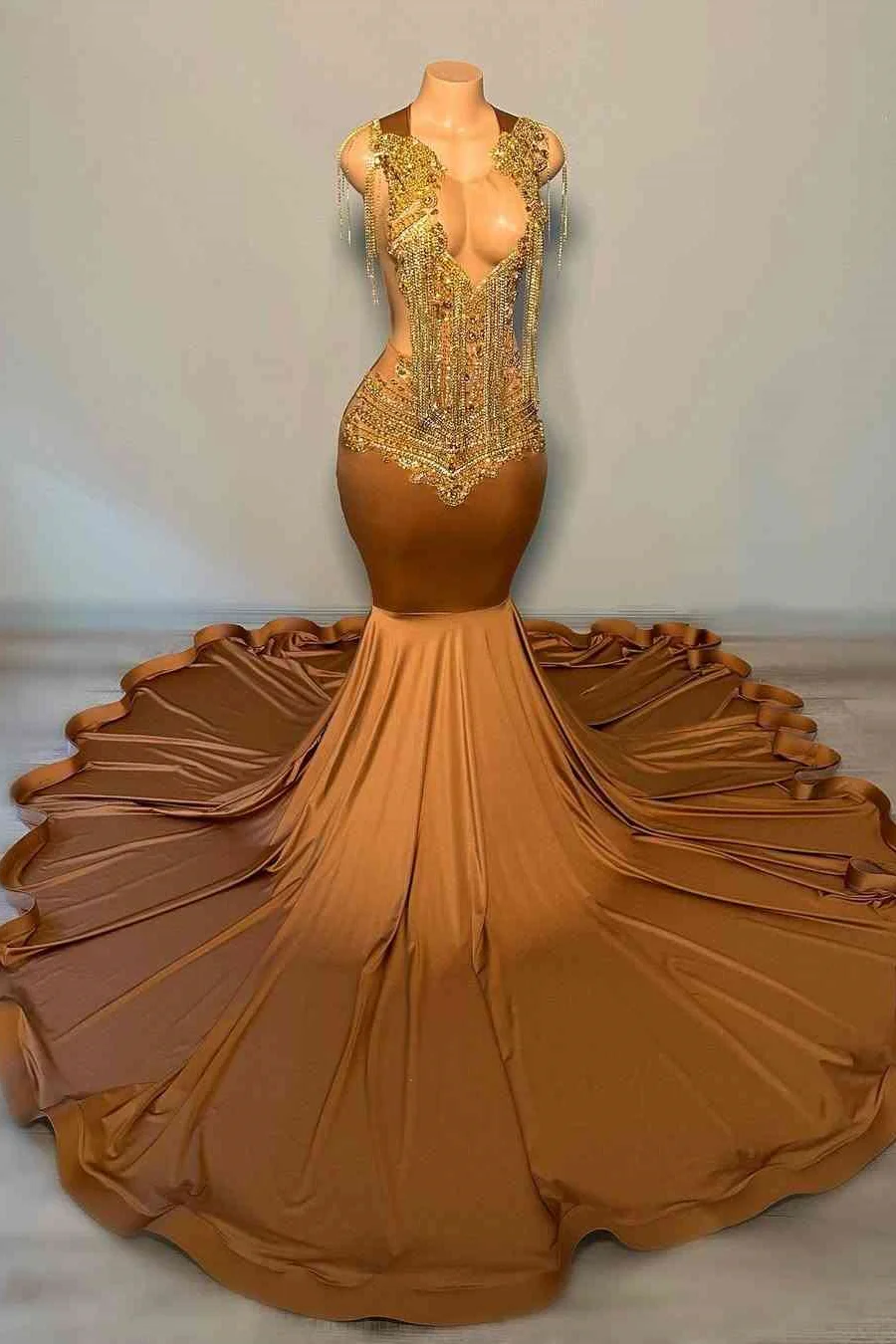 Sleeveless Brown Satin Tassels Gold Sequin Court Train Prom Dresses Main image