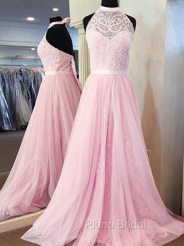 Sleeveless Halter Tulle A-Line With Lace Sweep/Brush Train Dresses