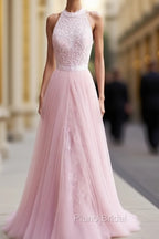 Sleeveless Halter Tulle A-Line With Lace Sweep/Brush Train Dresses
