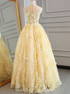 Sleeveless Pale Yellow Lace Sweetheart A-line Floor-length Formal Prom Dresses