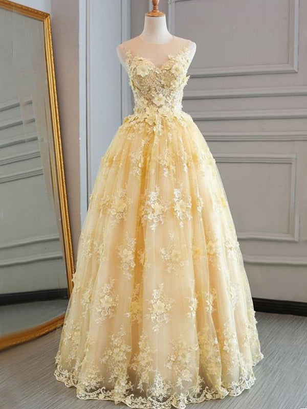 Sleeveless Pale Yellow Lace Sweetheart A-line Floor-length Formal Prom Dresses