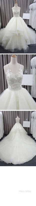 Sleeveless Scoop Yarn Neck Lace Ivory Tulle Asymmetrical Ball Gown Cathedral Train Wedding Dresses,