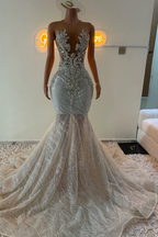 Sleeveless Silver Sparkle Appliques V-Neck Mermaid Court Train Prom Dresses