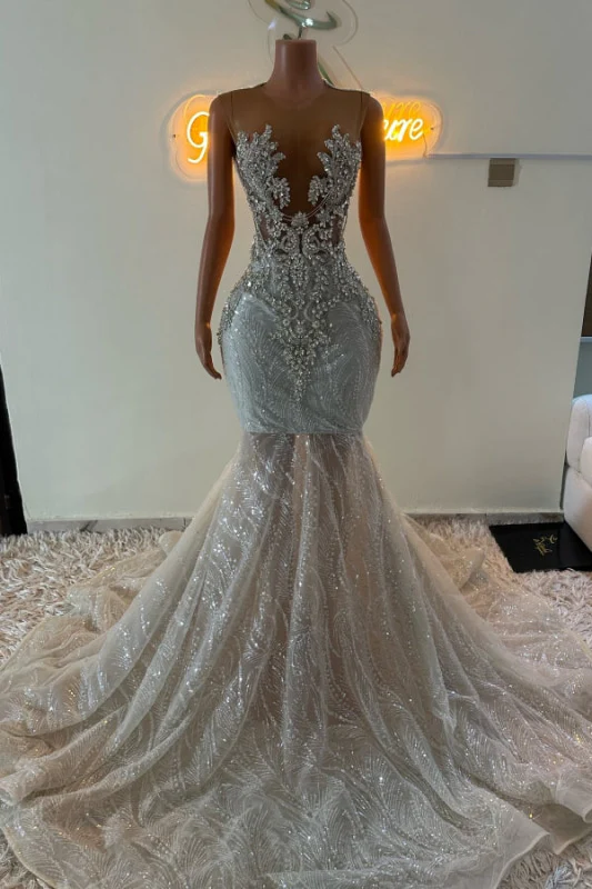Sleeveless Silver Sparkle Appliques V-Neck Mermaid Court Train Prom Dresses