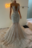 Sleeveless Silver Sparkle Appliques V-Neck Mermaid Court Train Prom Dresses
