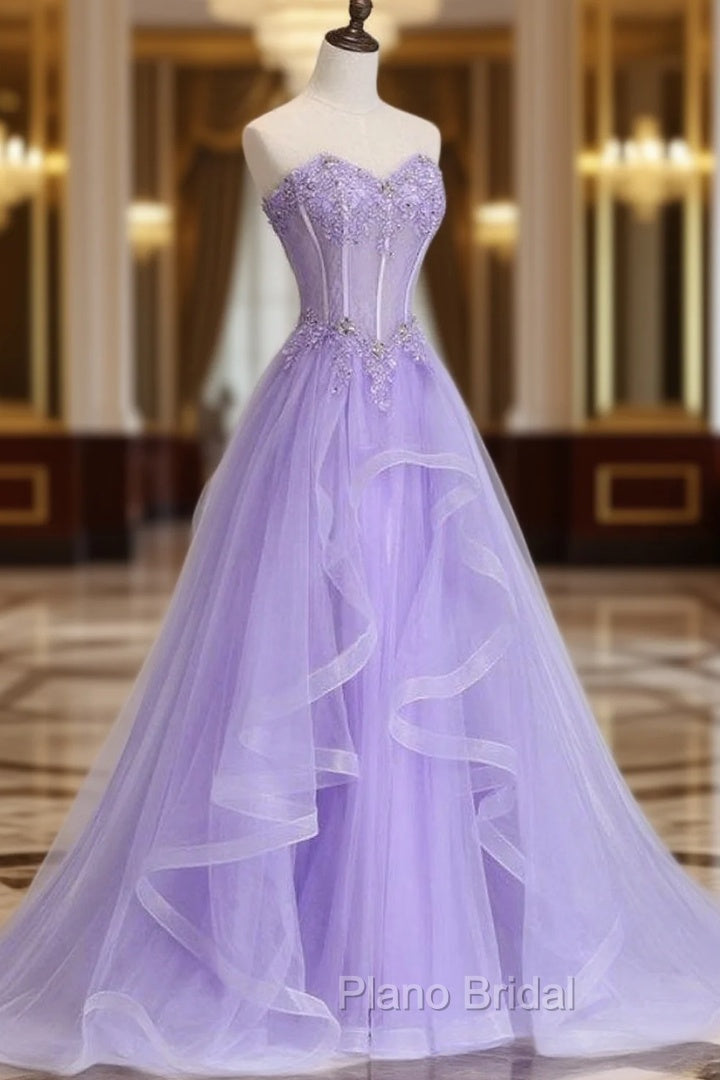 Sleeveless Sweetheart Sweep Train A-line/Princess Tulle Formal Prom Dresses With Beading Appliqued