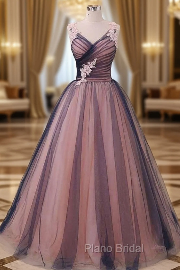 Sleeveless V Neck Long/Floor-Length Ball Gown Tulle Formal Prom Dresses With Appliqued Main image